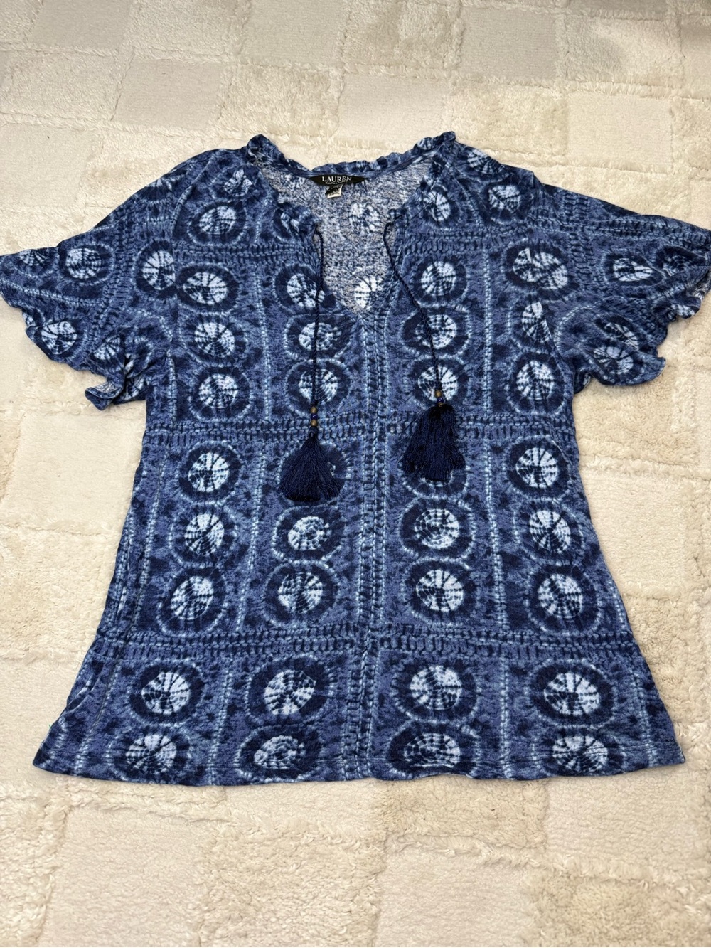Lauren Ralph Lauren Navy Linen Blend Tie-Dye Tassel Boho V-Neck Top Size Large